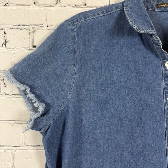 J McLaughlin Jones Denim Shift Dress Blue Raw Fringe Hem Trim Casual - Picture 8 of 12